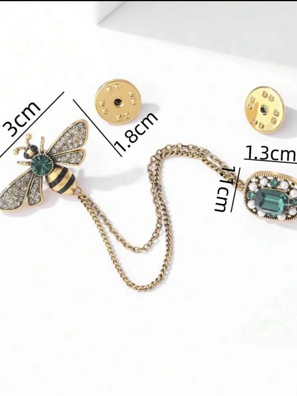 Gold Bee Double-Chain Brooch with Emerald Oval Accent